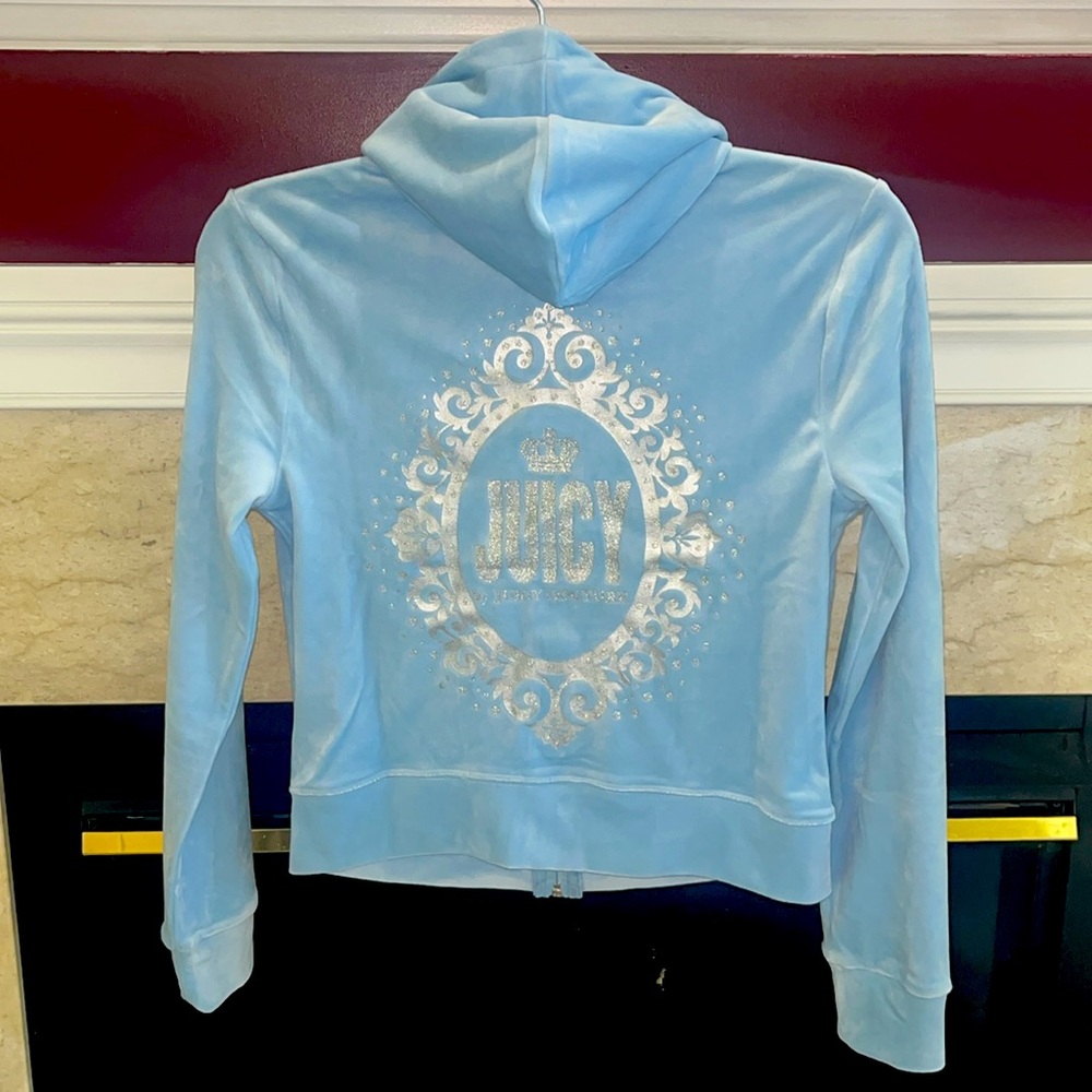 Juicy Couture Blue Cropped Hoodie , Circular Design On Back, NWT,  P2P 17